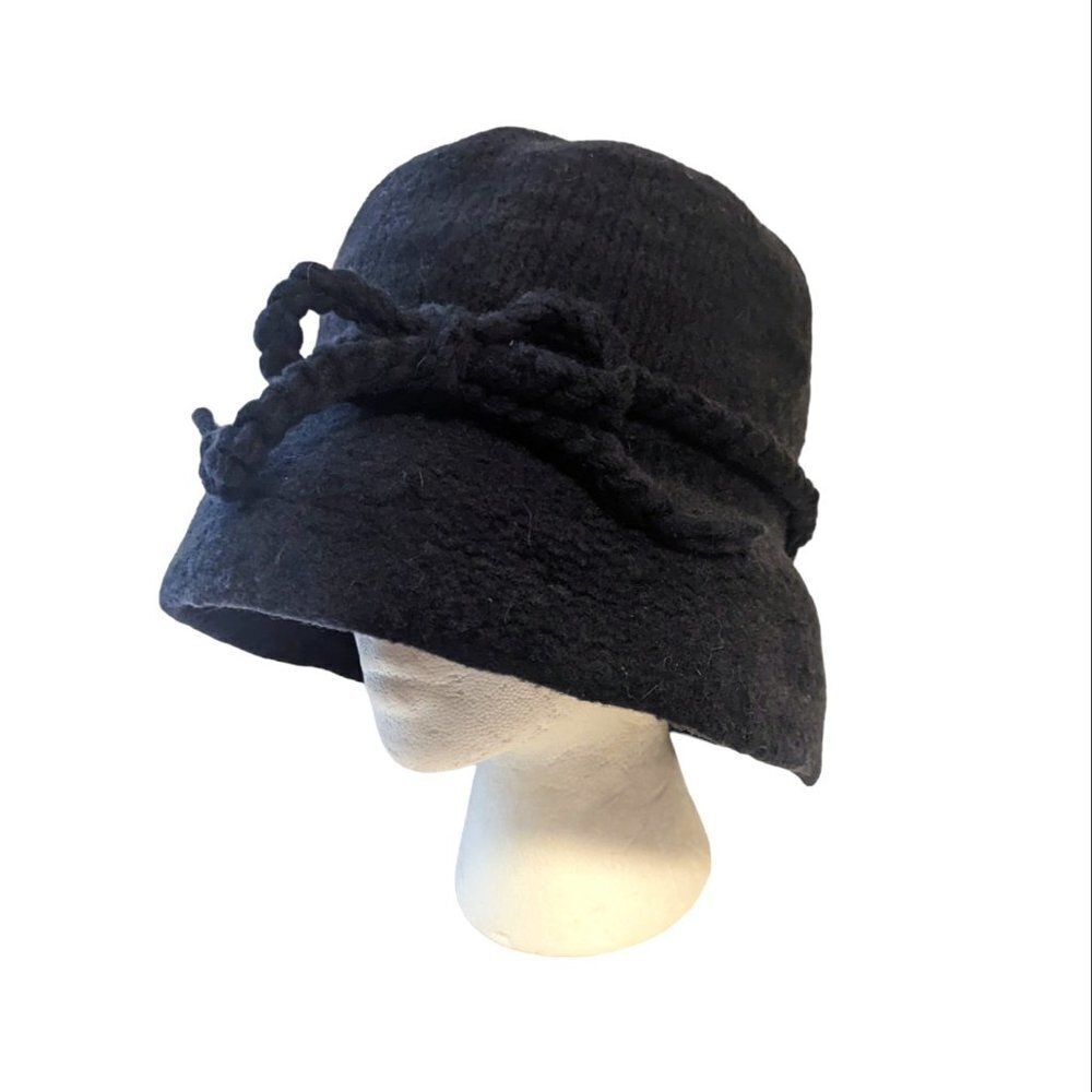 Vintage Wool‎ Blend Cloche Bucket Hat Removable Bow Black - Picture 1 of 5